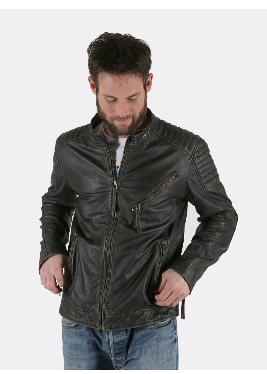 Herren MIRACLE OF DENIM | Lederjacke Herren / Lederjackein Charcoal